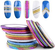 Load image into Gallery viewer, 10 Rolls Glitter Nail Art Striping Tape Line Sticker Tips Decorations 1MM/2MM/3MM DIY Self Adhesive 3d Decals Manicure Tools|striping tape line|tape linenail art striping tape