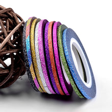 Load image into Gallery viewer, 10 Rolls Glitter Nail Art Striping Tape Line Sticker Tips Decorations 1MM/2MM/3MM DIY Self Adhesive 3d Decals Manicure Tools|striping tape line|tape linenail art striping tape